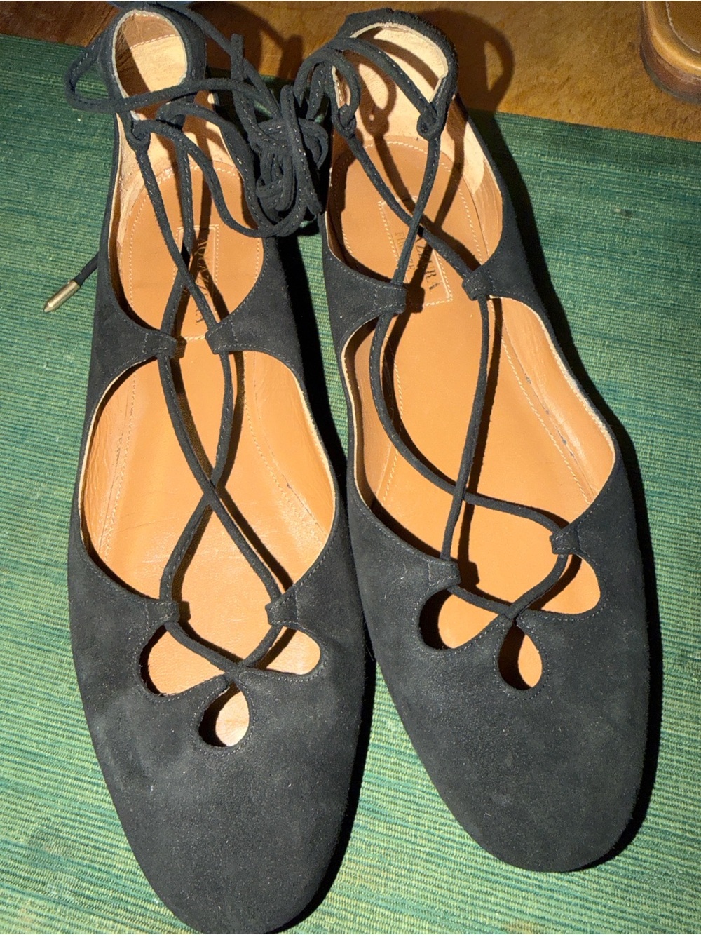 Women's Black Lace-Up Suede Flats with Crisscross Detail